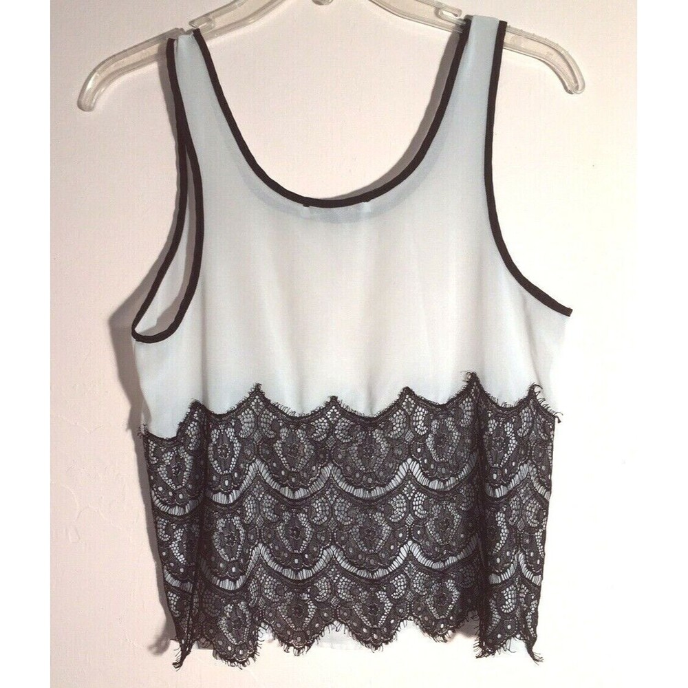 CHLOE K sz M Sleeveless Ivory-White Stretch Black Lace Eyelash Trim Chiffon Top